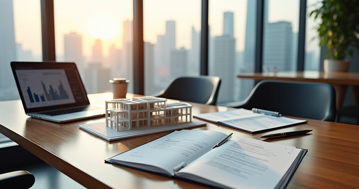 Modelos arquitetônicos em mesa de escritório com contratos e laptop em ambiente corporativo sofisticado