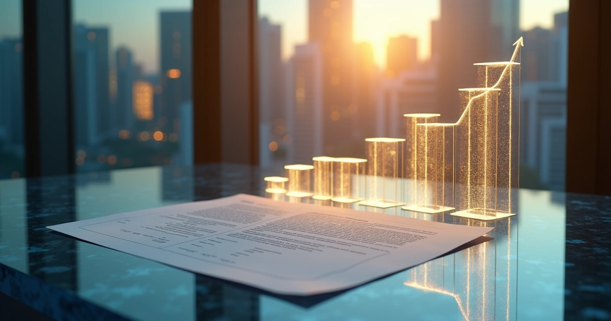 Representação visual do fluxo de pagamentos e lastro imobiliário com gráficos financeiros, contratos e edifícios ao fundo