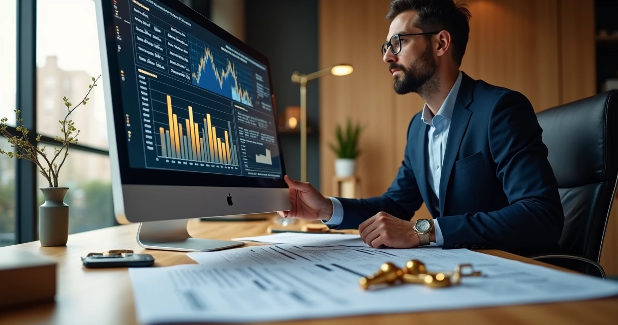 Mesa de trabalho sofisticada com investidor analisando gráficos financeiros em tela de computador, plantas de projetos imobiliários ao lado e um jogo de chaves de construção em destaque