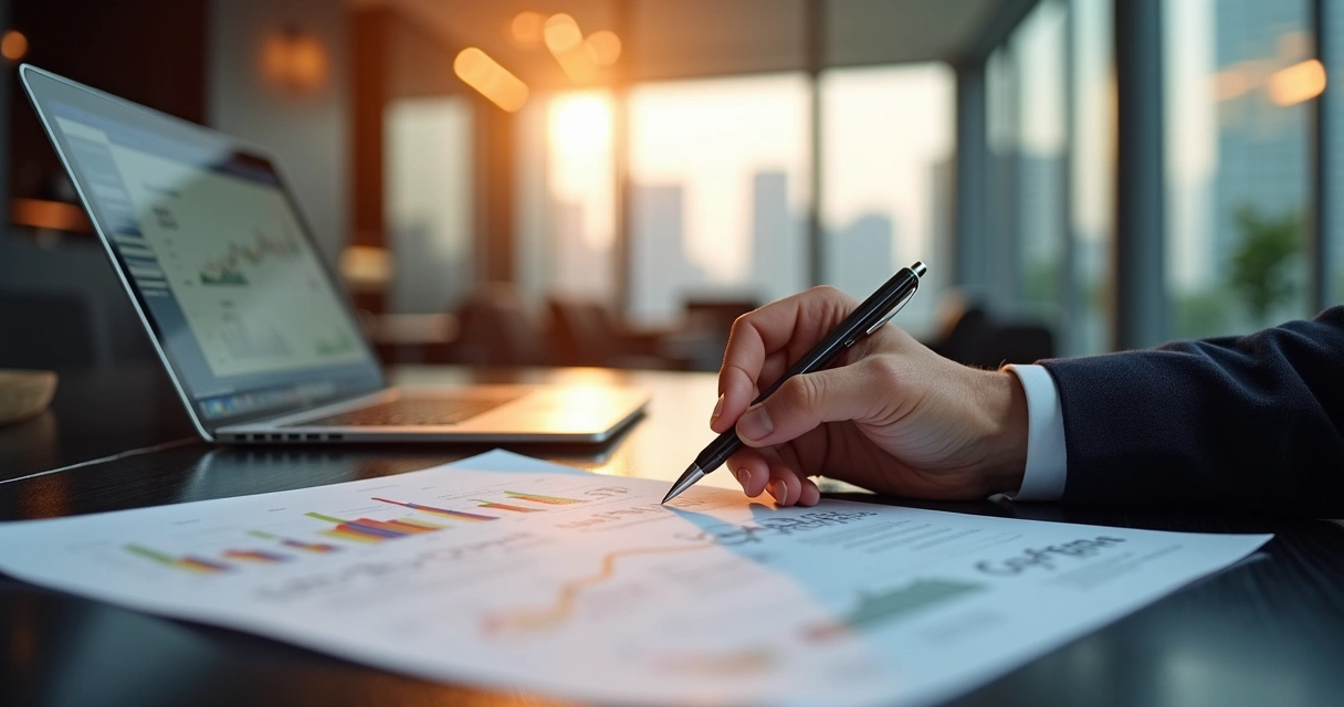 Documento financeiro sendo assinado em ambiente corporativo de alto padrão, com representação de transferência de direitos creditórios