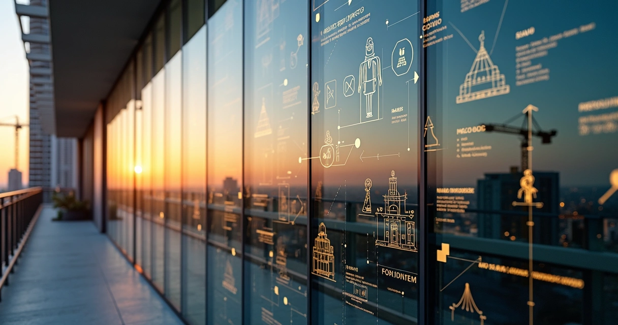 Painéis de vidro com prédio em construção e símbolos de investidores conectados por linhas